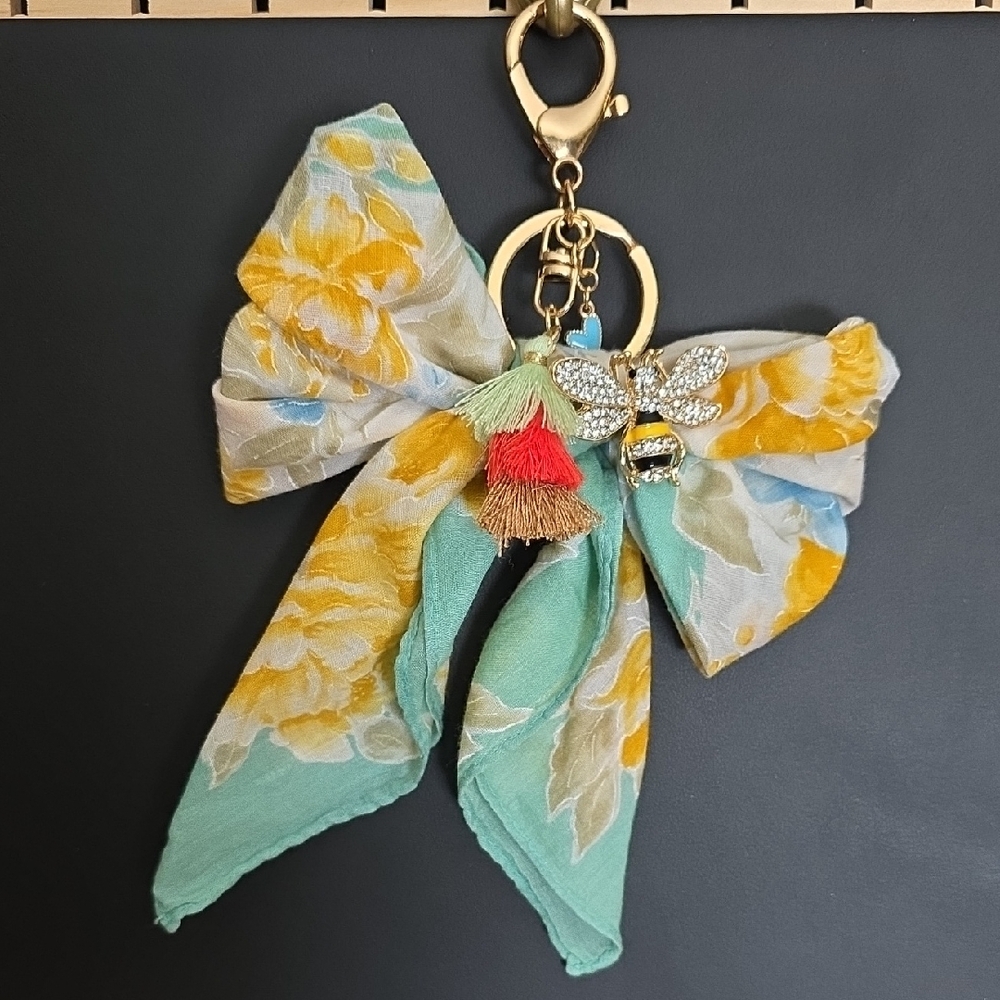 Floral Bow Keychain with vintage Bee Brooch and tassel Charm